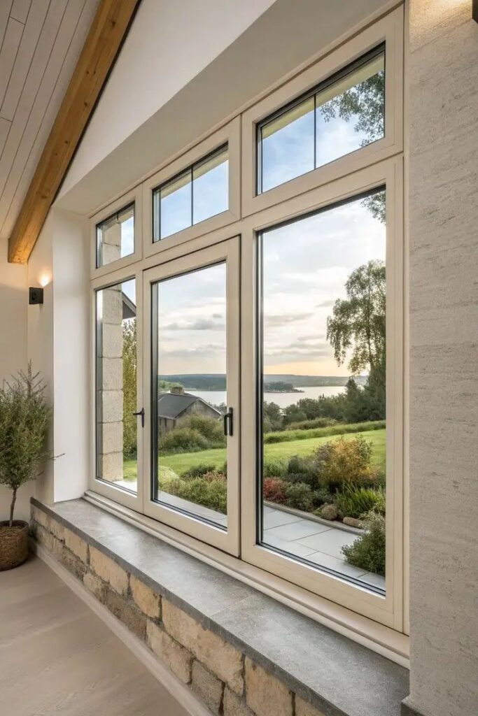 add8714f-aef2-465d-a56b-fe6eebfd0e2c Modern window view of scenic landscape with lush greenery and distant water, framed by elegant wooden ceiling beams and stone accents. | Sky Rye Design Modern window view of scenic landscape with lush greenery and distant water, framed by elegant wooden ceiling beams and stone accents.