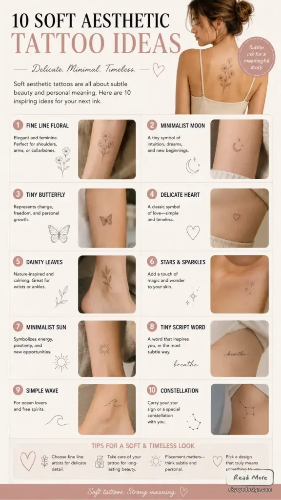 tattoo-aestetic-tips 10 soft aesthetic tattoo ideas: floral, moon, butterfly, heart, leaves, stars, sun, script, wave, constellation | Sky Rye Design 10 soft aesthetic tattoo ideas: floral, moon, butterfly, heart, leaves, stars, sun, script, wave, constellation