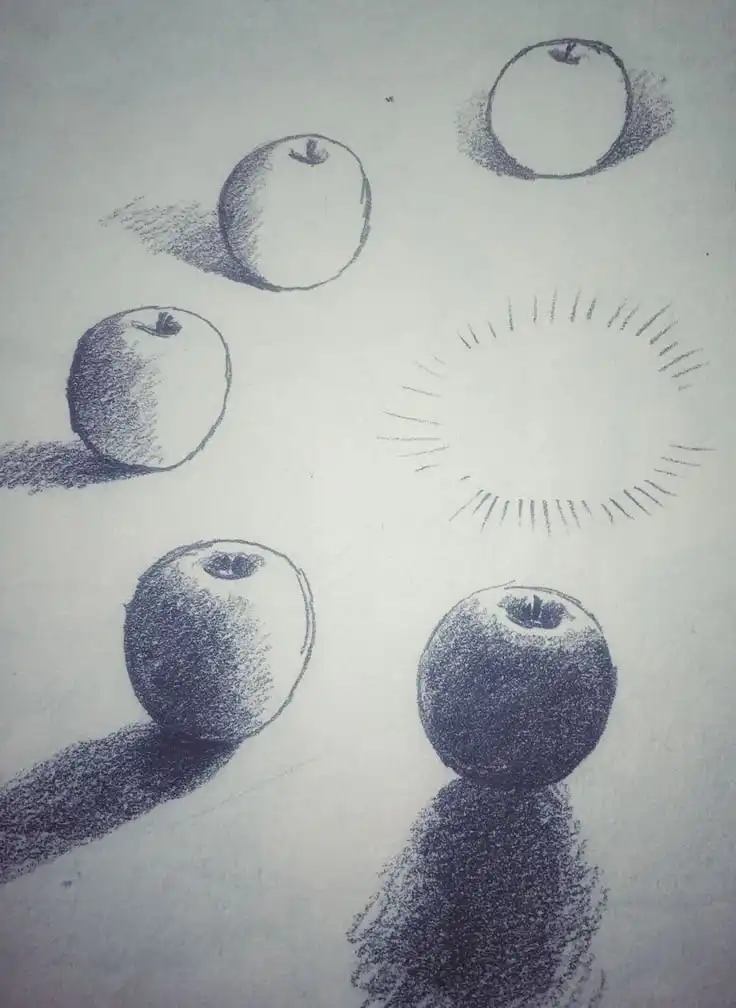 Pencil sketch of five apples with shadows on paper, one apple missing, leaving an empty space highlighted by lines.