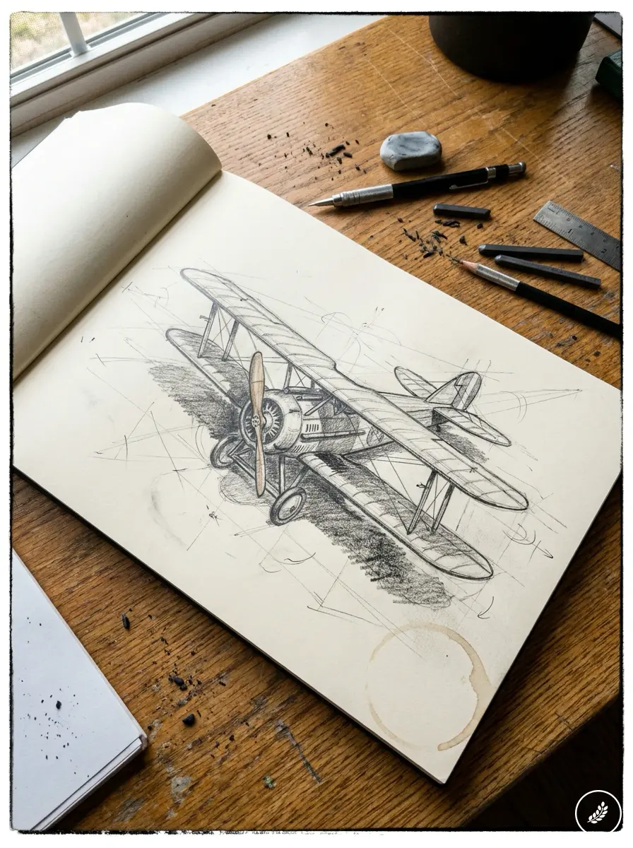 Artist_sketchbook_pencil_drawing_202607300022 Sketchbook on wooden desk with detailed pencil drawing of vintage biplane, pencils, eraser, ruler and coffee ring stain. | Sky Rye Design Sketchbook on wooden desk with detailed pencil drawing of vintage biplane, pencils, eraser, ruler and coffee ring stain.