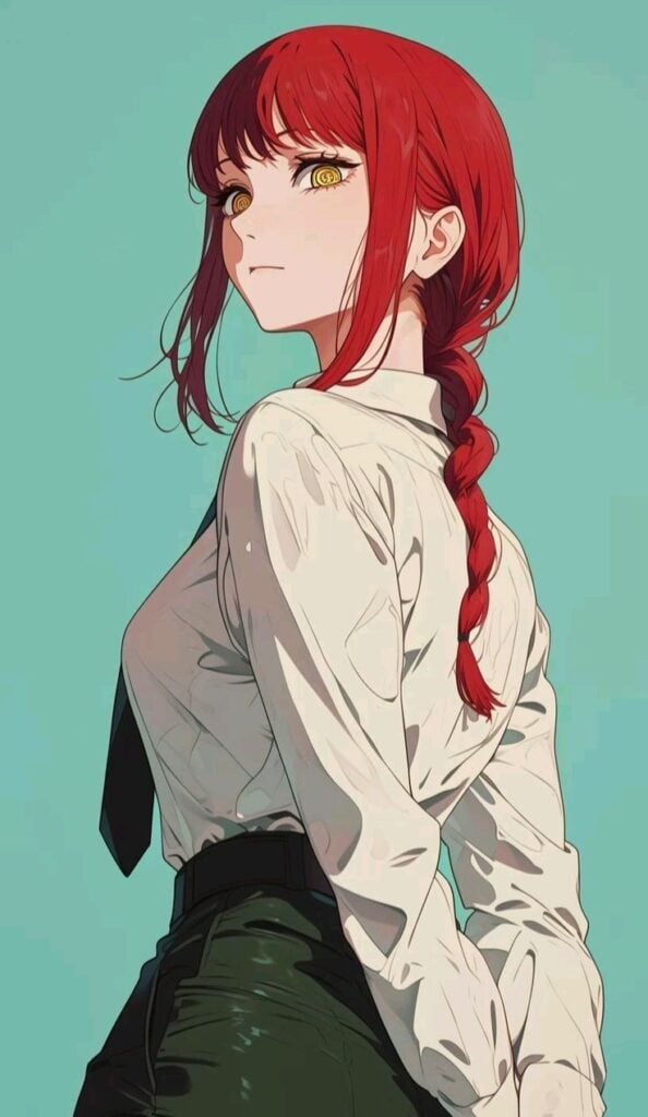 anime 24 Anime character with long red hair in a braid, wearing a white shirt and black tie, gazes confidently against a light blue background. | Sky Rye Design Anime character with long red hair in a braid, wearing a white shirt and black tie, gazes confidently against a light blue background.
