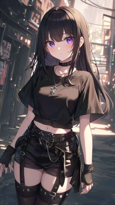 anime 25 Anime girl with long dark hair, wearing a black outfit and gloves, stands in a city street. Urban anime style with a mysterious vibe. | Sky Rye Design Anime girl with long dark hair, wearing a black outfit and gloves, stands in a city street. Urban anime style with a mysterious vibe.
