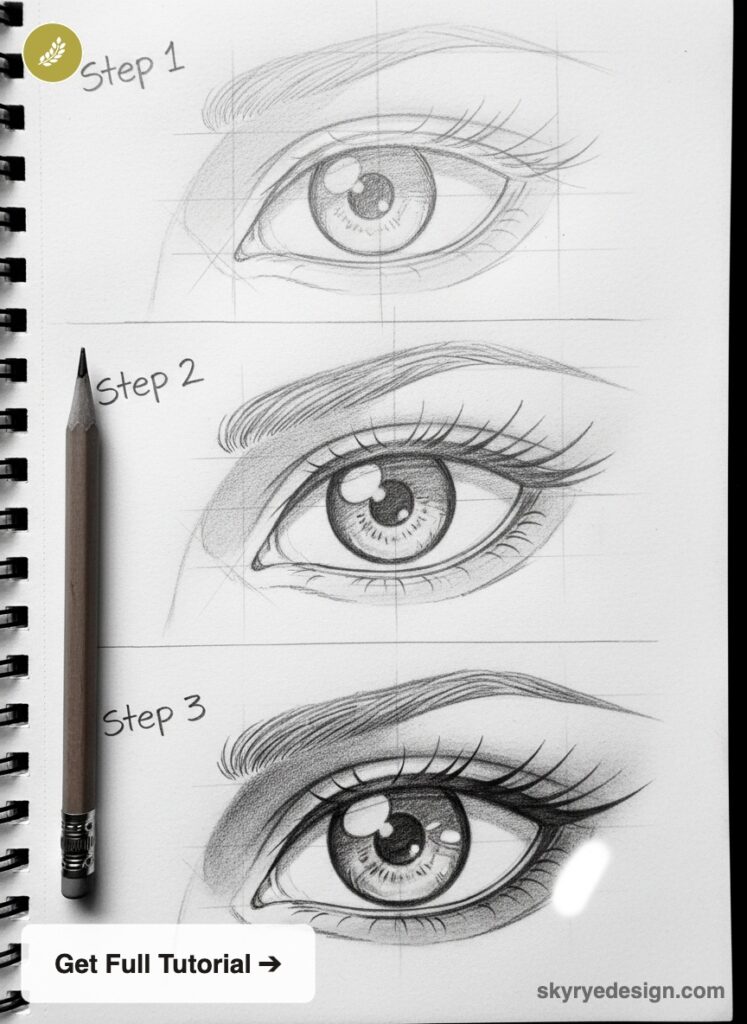 Step-by-step pencil eye drawing tutorial: three progressive stages showing a realistic eye sketch in a spiral notebook