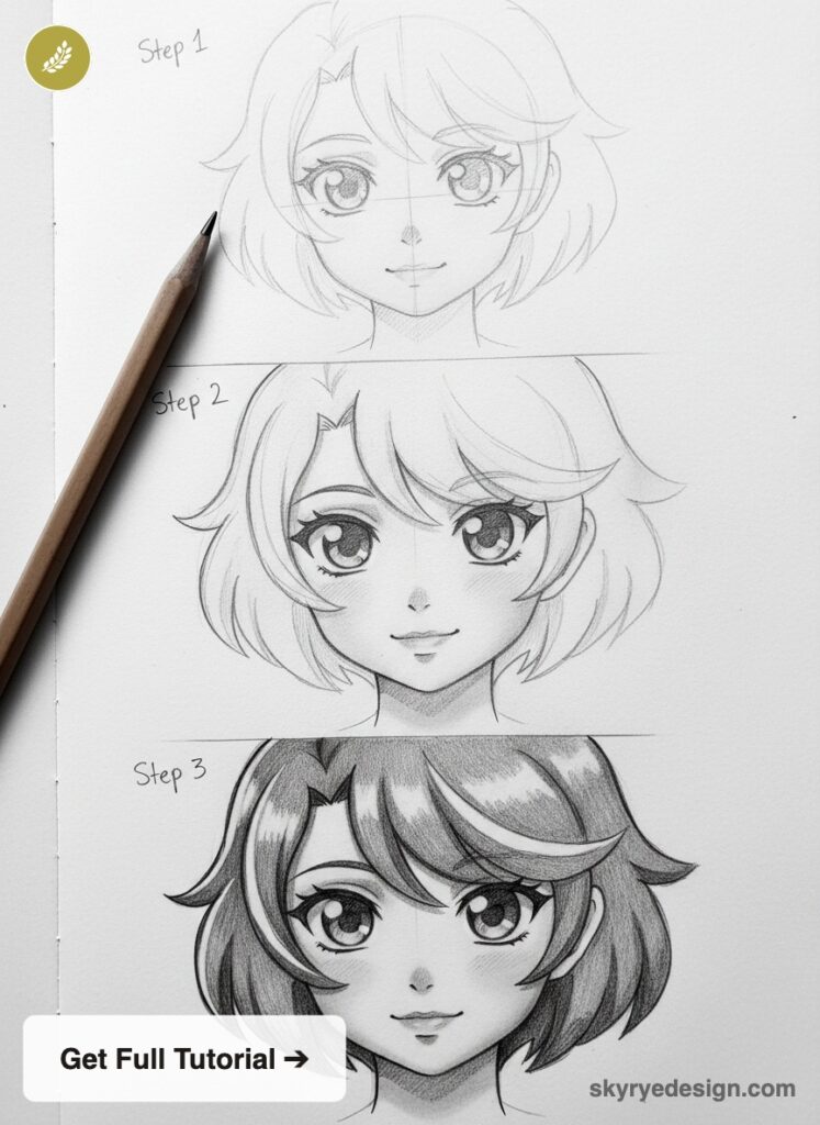Step-by-step anime drawing tutorial: 3-stage pencil sketch of a manga girl face from construction lines to shaded portrait