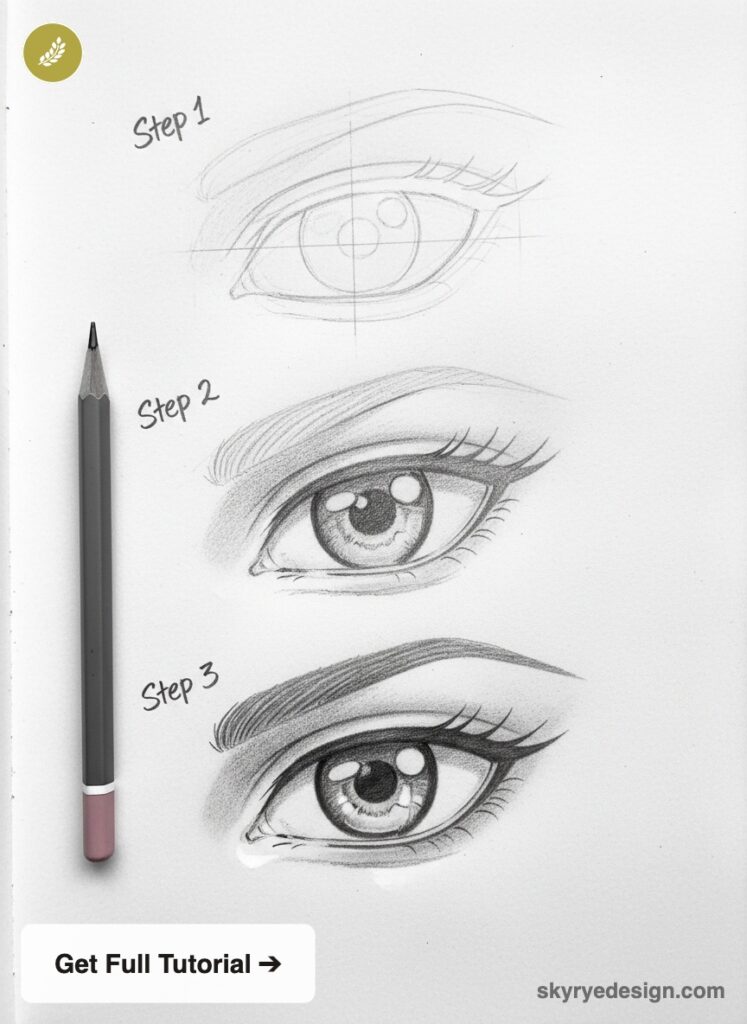 Pencil eye drawing tutorial - step-by-step three sketch stages showing realistic iris shading and eyebrow detail