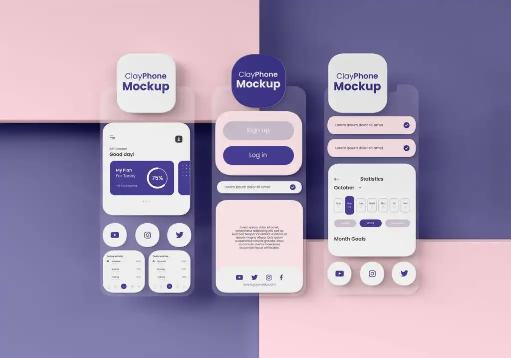 ClayPhone app mockup showcasing a stylish user interface with login, statistics, and social media icons on a pastel background.