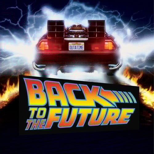 Back to the Future movie poster featuring a DeLorean time machine with flames and lightning, showcasing the iconic logo and 'OUTATIME' plate.