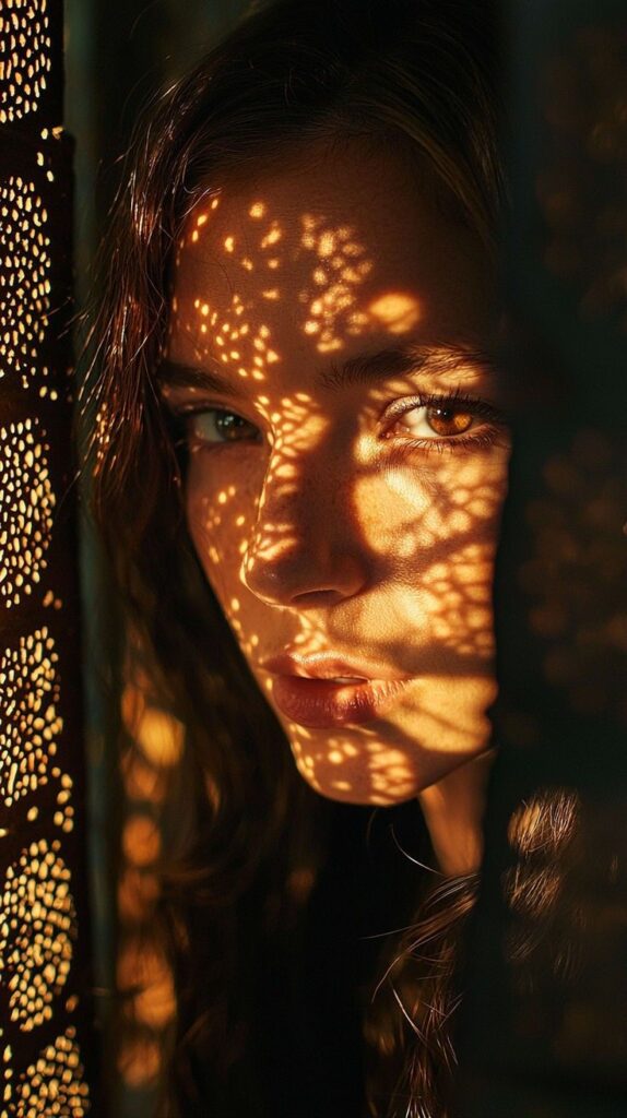 b440e198-ffc9-4a1d-9be7-e0d5577a9620 Woman's face illuminated by intricate lace shadows, creating a pattern of light and dark. Close-up portrait with a mysterious ambiance. | Sky Rye Design Woman's face illuminated by intricate lace shadows, creating a pattern of light and dark. Close-up portrait with a mysterious ambiance.