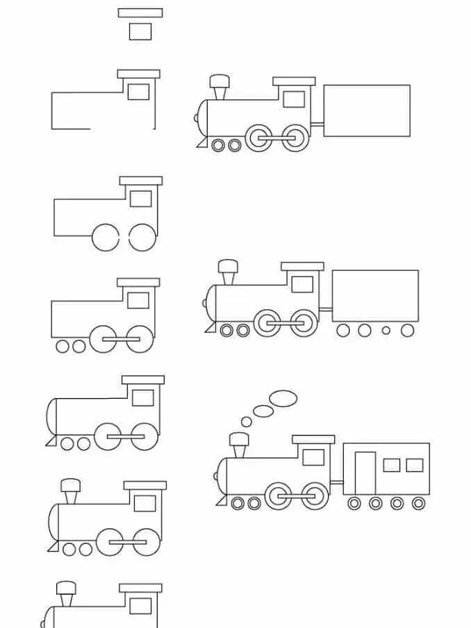 Step-by-step guide to drawing a steam locomotive train using simple geometric shapes. Easy illustration tutorial for beginners.