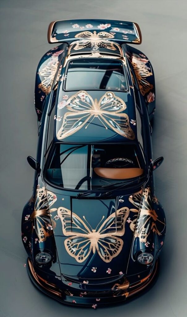 b50fdb91-e0c7-4045-abdf-9e67fac71ce0 Luxury car with intricate butterfly and floral artwork on the body, showcasing artistic automotive design in a stunning top view. | Sky Rye Design Luxury car with intricate butterfly and floral artwork on the body, showcasing artistic automotive design in a stunning top view.