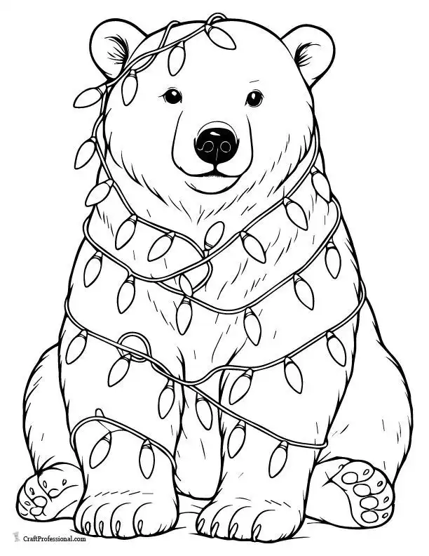 b66e31d1-7b10-4cd9-a219-ffefa53580f6 Cute bear wrapped in Christmas lights coloring page, perfect for holiday crafting and festive décor. Ideal for kids' creative activities. | Sky Rye Design Cute bear wrapped in Christmas lights coloring page, perfect for holiday crafting and festive décor. Ideal for kids' creative activities.