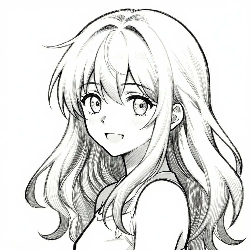 b6e47dd944734b10952e2791ed5de732 Smiling anime girl with long flowing hair and expressive eyes, black and white sketch. Perfect for manga and illustration lovers. | Sky Rye Design Smiling anime girl with long flowing hair and expressive eyes, black and white sketch. Perfect for manga and illustration lovers.