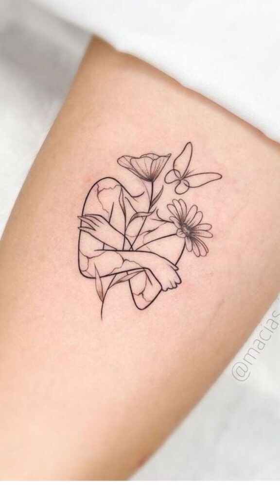 b73ad6d3-3b18-4a11-954c-ef5e206f5f2d Minimalist tattoo of a heart with flowers and a butterfly on the arm, symbolizing love and nature's harmony. | Sky Rye Design Minimalist tattoo of a heart with flowers and a butterfly on the arm, symbolizing love and nature's harmony. Tattoo Ideas About Self-Love