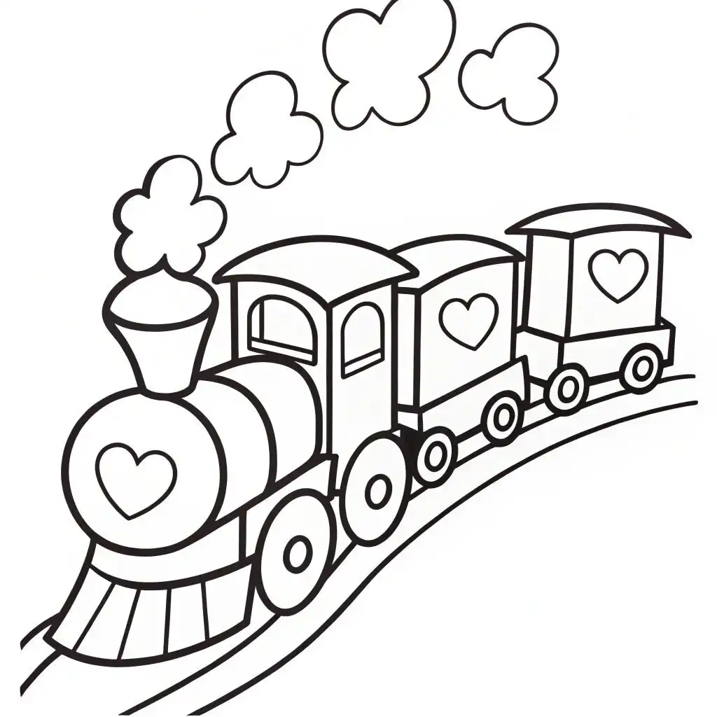 Illustration of a cartoon train with heart designs, puffing smoke as it rides along tracks, perfect for a children's coloring page.