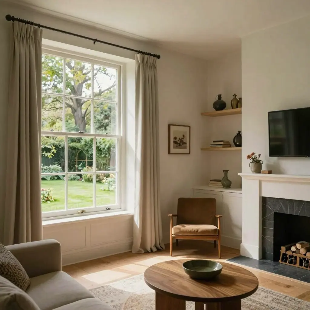 Cozy living room with large window, neutral tones, and modern decor. Features a fireplace, wooden chair, and view of the lush garden outside.
