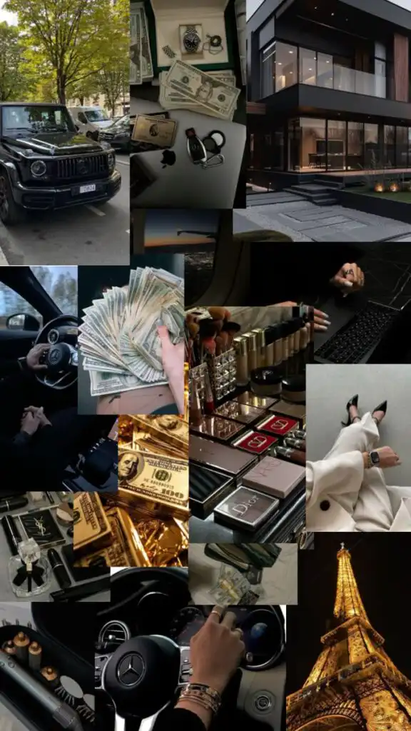 Collage of luxury lifestyle items: car, watch, cash, modern house, cosmetics, and Eiffel Tower, symbolizing wealth and glamour.