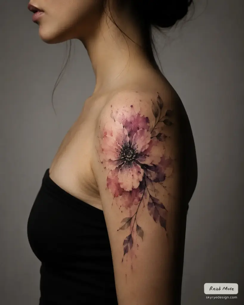 Watercolor pink and purple floral shoulder tattoo with delicate leaves on upper arm, artistic feminine body art
