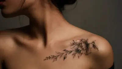 Black and gray floral collarbone tattoo of peony and leaves on a woman's shoulder and upper chest