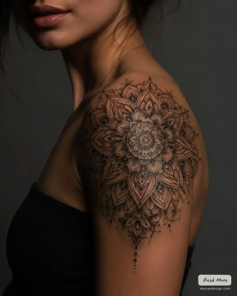 Mandala shoulder tattoo: intricate black ink floral geometric design on woman's upper arm, close-up