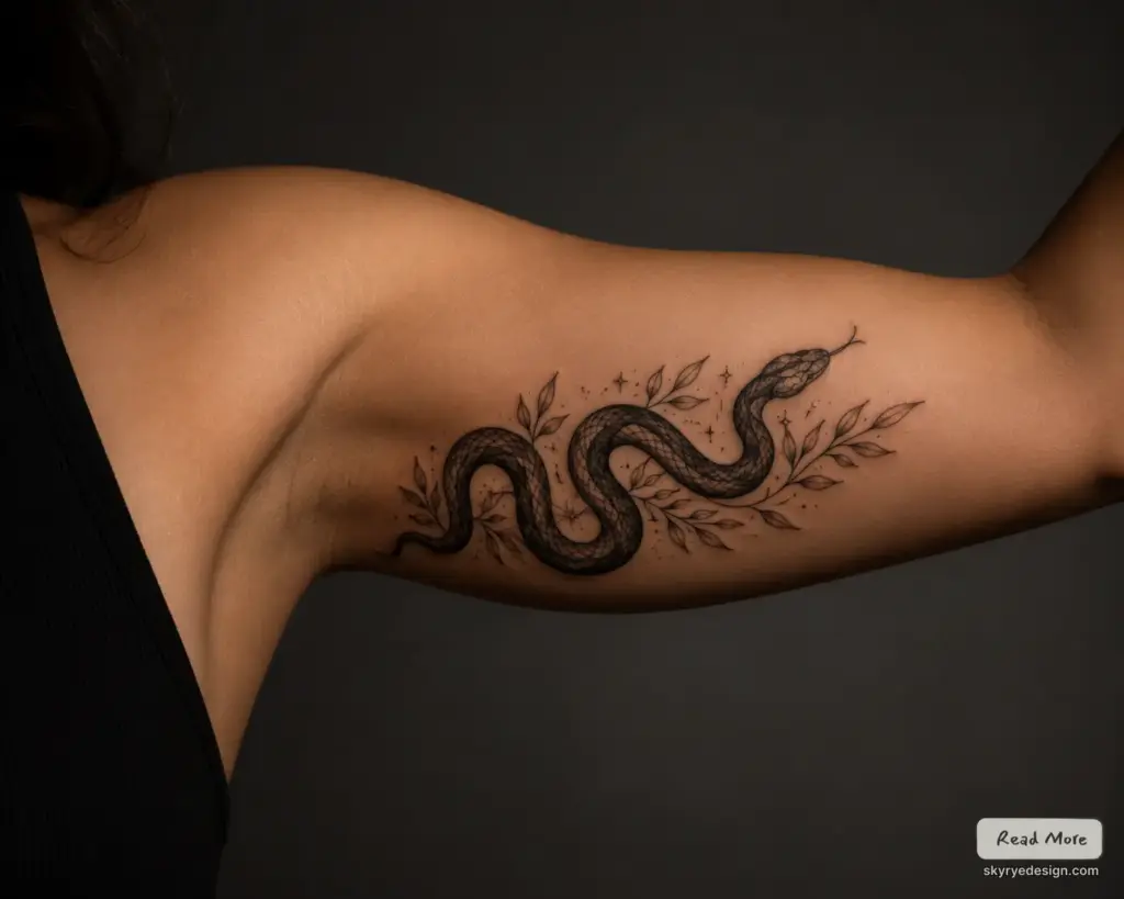 Inner bicep black snake tattoo with botanical leaves — fine line design and stipple shading