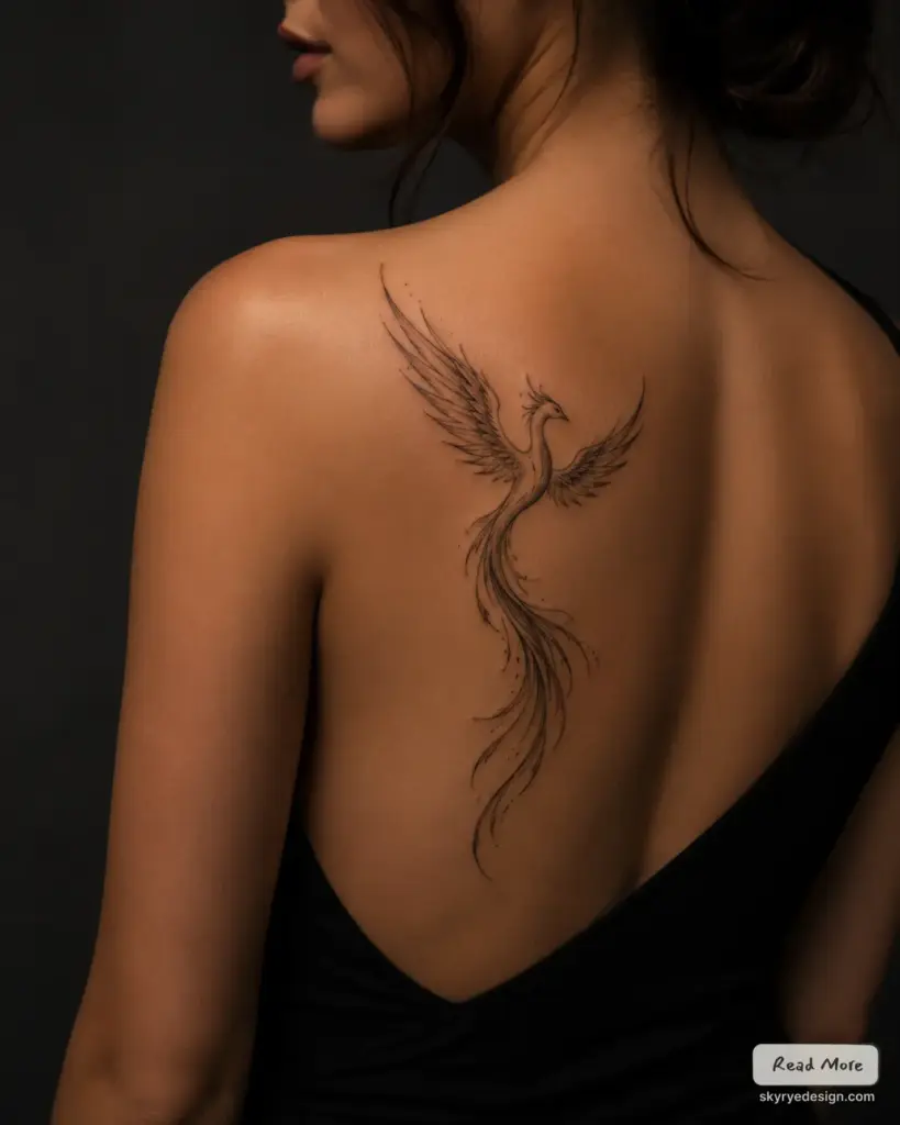 Delicate black linework phoenix tattoo on woman's upper back and shoulder blade, elegant long-tail design