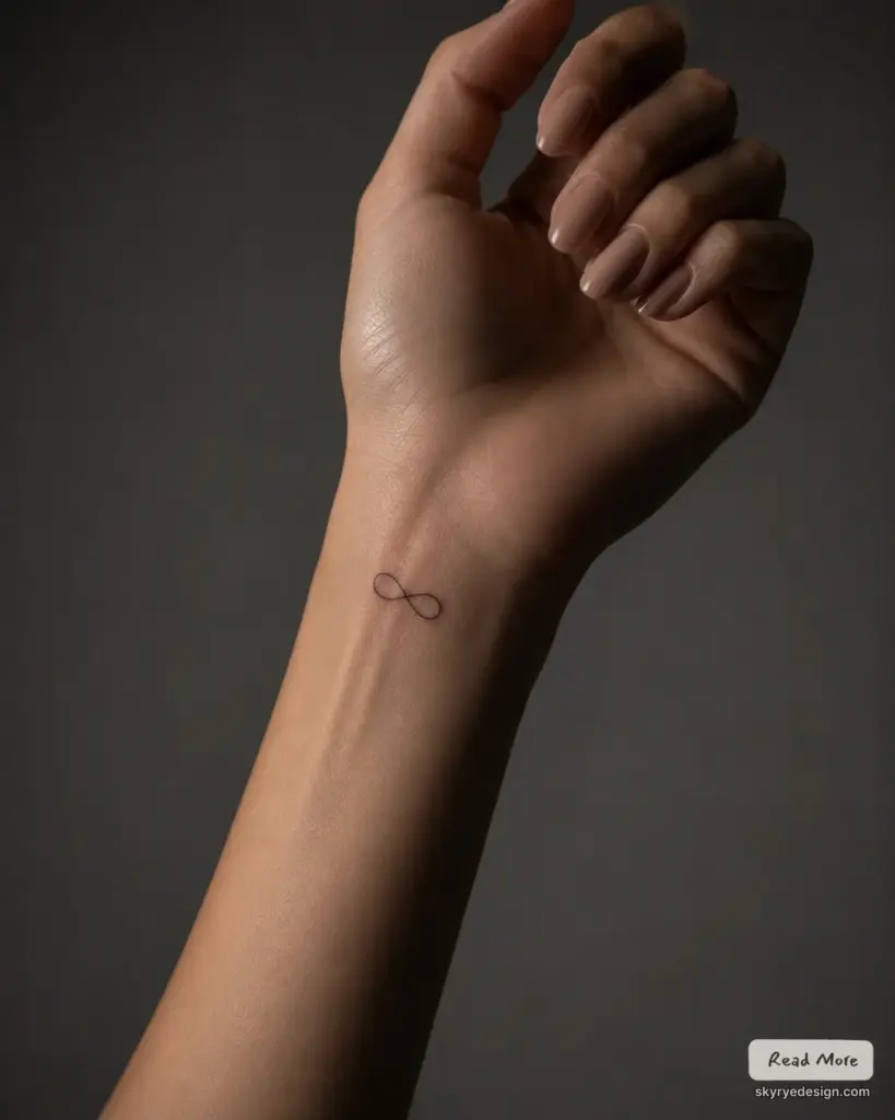 Minimalist black infinity wrist tattoo on inner wrist, close-up of female hand with neutral background