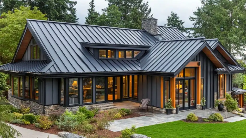 Modern home exterior with sleek metal roof, large windows, and lush garden, set against a backdrop of tall trees and