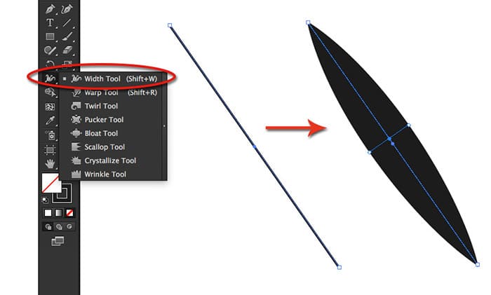 blog-pic-119 Illustration of Adobe Illustrator's Width Tool transforming a line into a widened shape, emphasizing the tool's functionality and effect. | Sky Rye Design Illustration of Adobe Illustrator's Width Tool transforming a line into a widened shape, emphasizing the tool's functionality and effect.