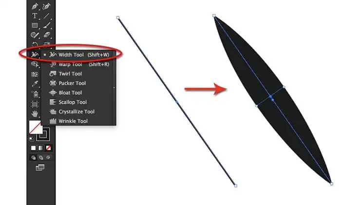 blog-pic-119 Illustration of Adobe Illustrator's Width Tool transforming a line into a widened shape, emphasizing the tool's functionality and effect. | Sky Rye Design Illustration of Adobe Illustrator's Width Tool transforming a line into a widened shape, emphasizing the tool's functionality and effect.