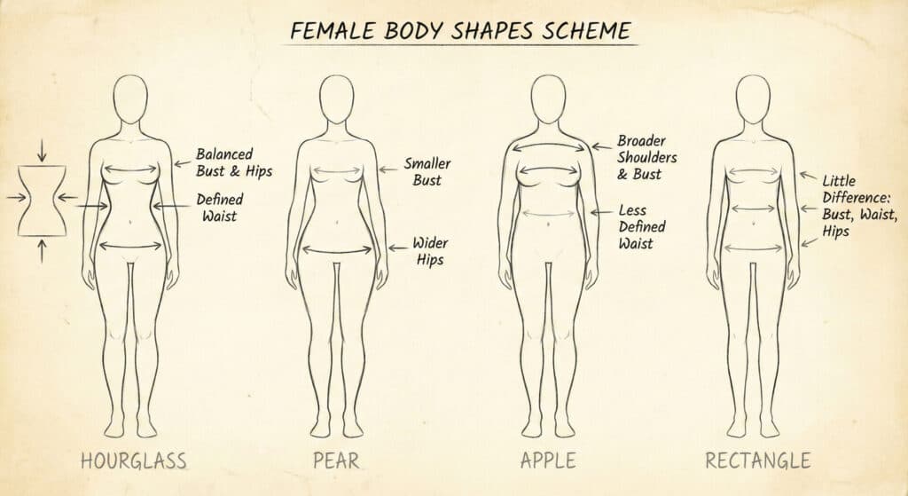 body-female-types Diagram of female body shapes: hourglass, pear, apple, and rectangle, illustrating differences in bust, waist, and hips proportions. | Sky Rye Design Diagram of female body shapes: hourglass, pear, apple, and rectangle, illustrating differences in bust, waist, and hips proportions.