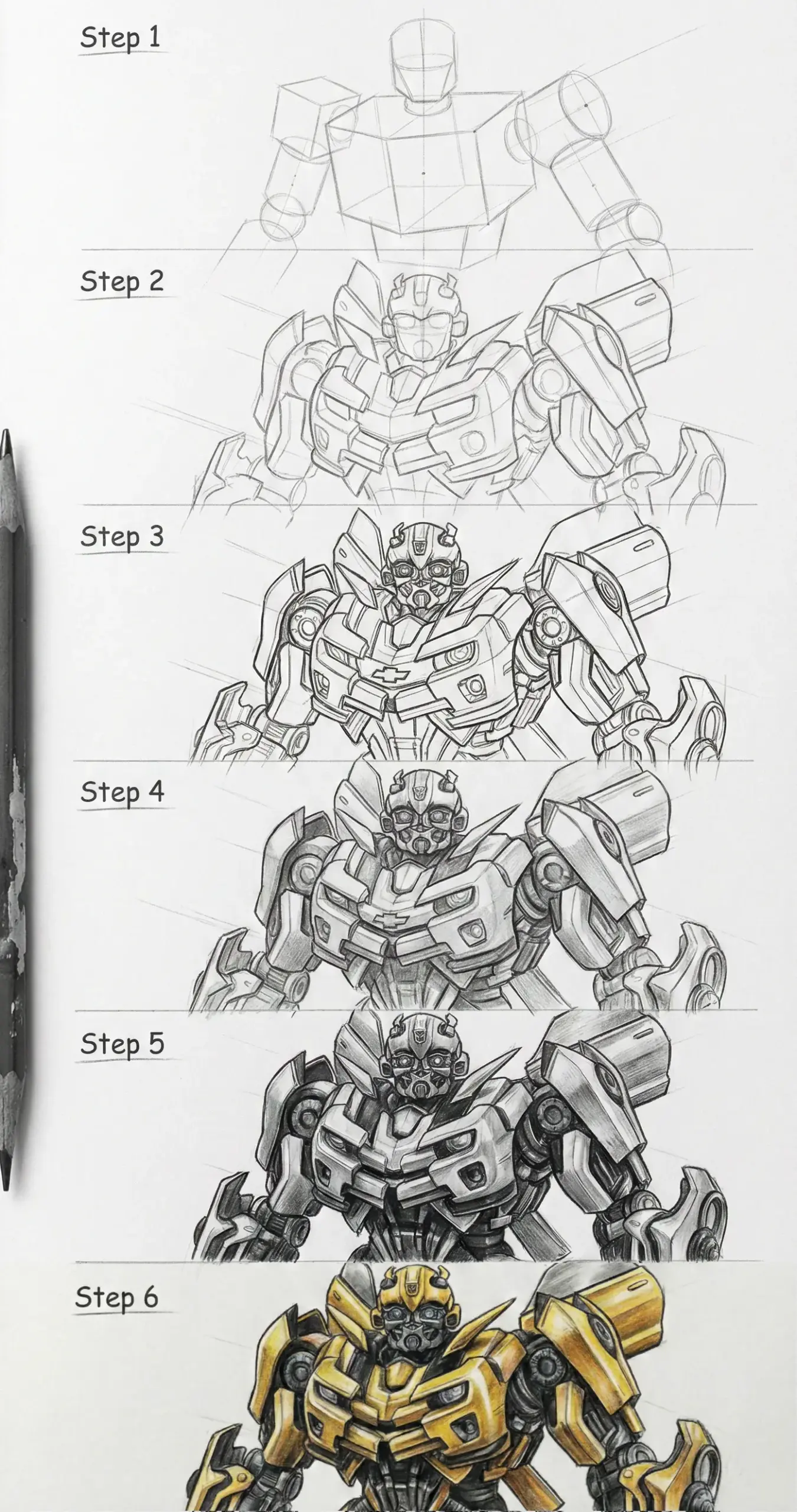 Step-by-step robot drawing tutorial, evolving from basic sketch to detailed, colored design. Perfect for art enthusiasts and beginners.