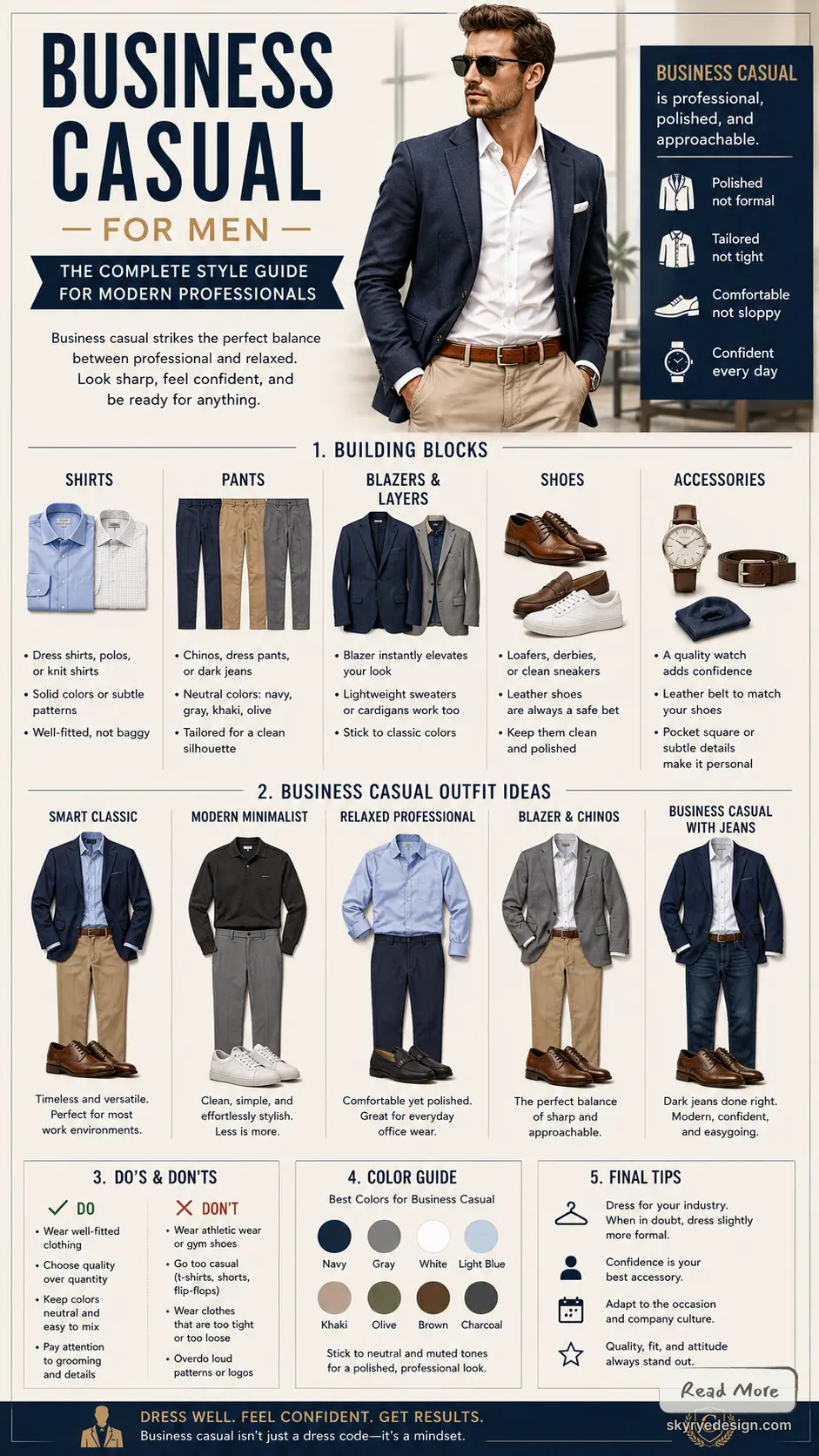 business casual 11 Business casual for men infographic: style guide with shirts, pants, blazers, shoes, outfit ideas, color palette, tips | Sky Rye Design Business casual for men infographic: style guide with shirts, pants, blazers, shoes, outfit ideas, color palette, tips