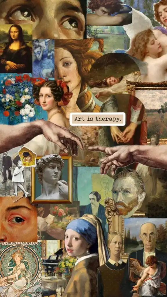 c0a34109-b0bc-4eee-8120-40707a1bb566 Collage of famous artworks, featuring diverse portraits and styles, with a central text saying Art is therapy. | Sky Rye Design Collage of famous artworks, featuring diverse portraits and styles, with a central text saying Art is therapy.