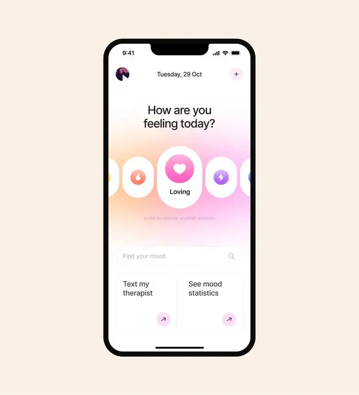 c18dba4d38b80c7add6b86854e8a01d4 Mood tracking app interface on smartphone asks, How are you feeling today? with emotion options and features like therapist text and mood stats. | Sky Rye Design Mood tracking app interface on smartphone asks, How are you feeling today? with emotion options and features like therapist text and mood stats.