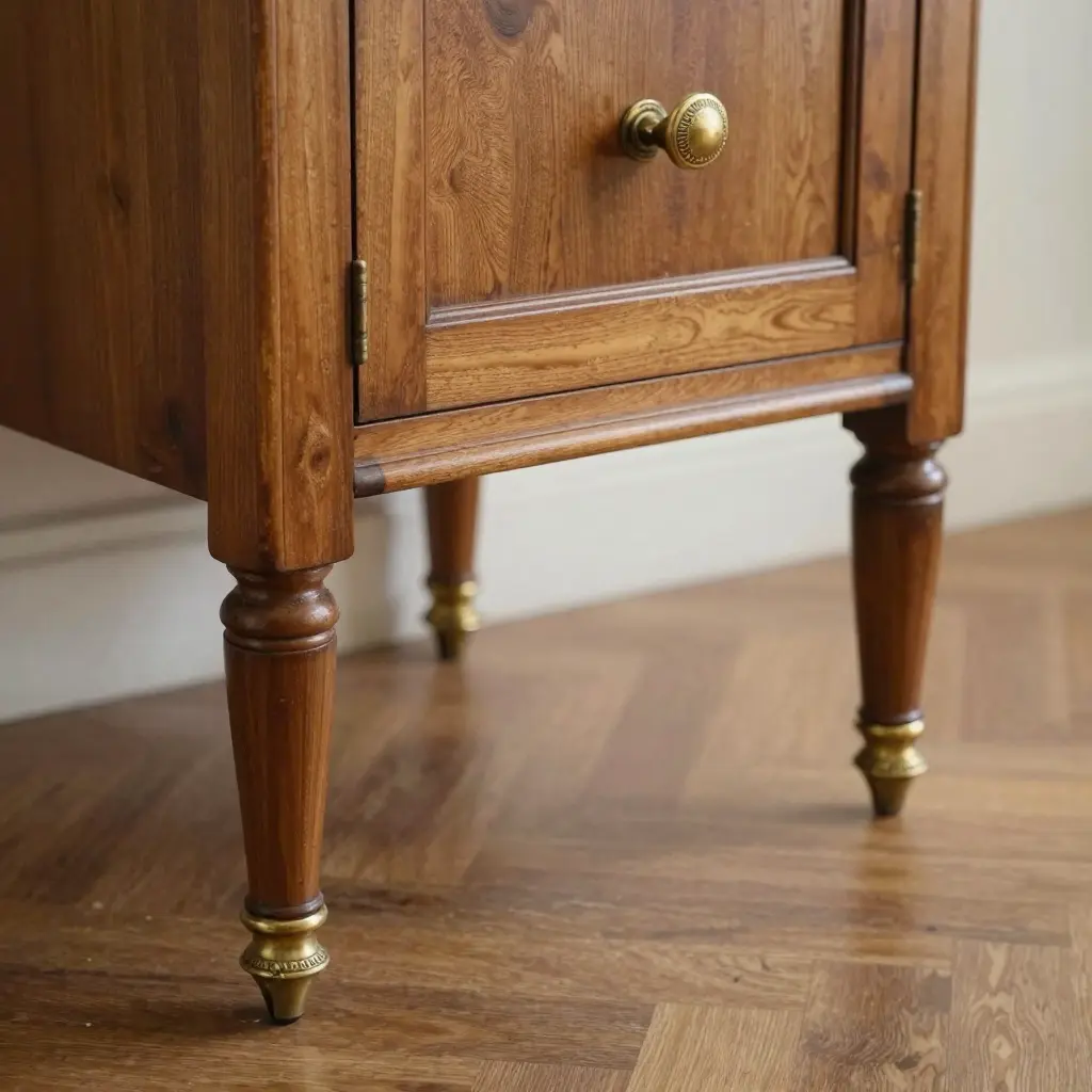 Antique wooden cabinet legs on parquet floor with brass caps, elegant and classic furniture detail.
