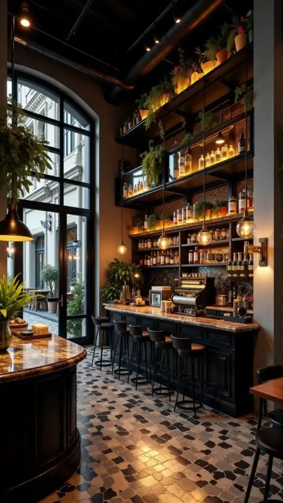 Cozy cafe interior with modern decor, indoor plants, and a stylish bar counter under warm lighting. Perfect spot for coffee lovers.