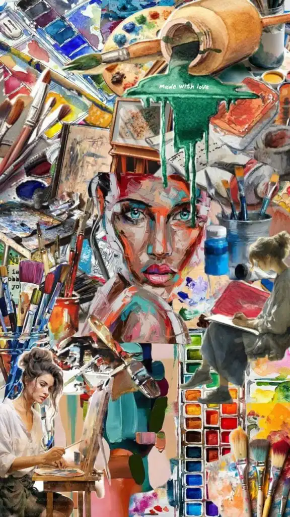 c42acd19-d8fa-4d79-ac09-a20f883406f4 Colorful art collage featuring a female portrait, vibrant paint swatches, and artists painting, surrounded by brushes and palettes. | Sky Rye Design Colorful art collage featuring a female portrait, vibrant paint swatches, and artists painting, surrounded by brushes and palettes.