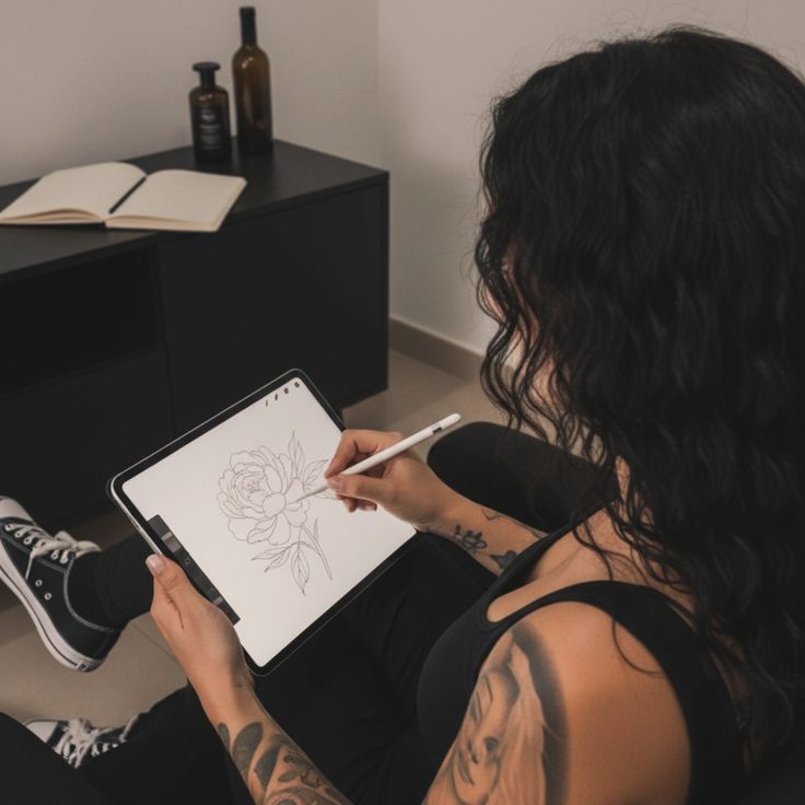 cc3fed98-47ca-4dbd-abc4-fa561e15e0f7 Person sketching a flower on a tablet using a stylus, seated in a modern room with an open notebook nearby. | Sky Rye Design Person sketching a flower on a tablet using a stylus, seated in a modern room with an open notebook nearby.