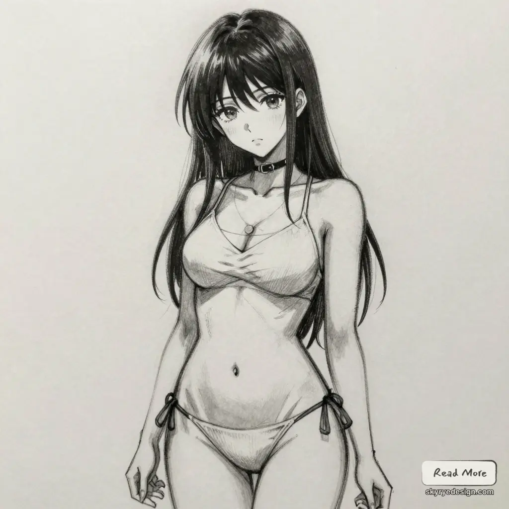 Monochrome pencil sketch of anime girl in bikini with long hair, choker and necklace, full-body pose with detailed shading. How to Draw Anime Body