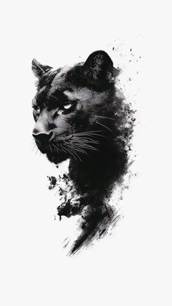 Artistic black ink illustration of a panther's face blending into abstract splashes, set against a white background.