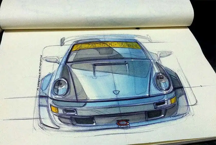 Sketch of a sleek blue sports car from the front, showcasing detailed design with artistic shading and highlights on paper.