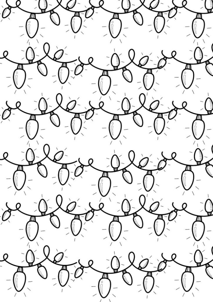colour your own background sheet Black and white pattern of hand-drawn Christmas lights on a string with loops, capturing festive holiday cheer and decorative design. | Sky Rye Design Black and white pattern of hand-drawn Christmas lights on a string with loops, capturing festive holiday cheer and decorative design.