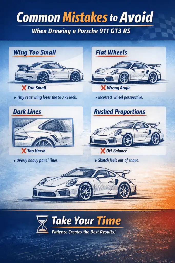 Guide to common drawing mistakes of a Porsche 911 GT3 RS, highlighting wing size, wheel angle, line heaviness, and