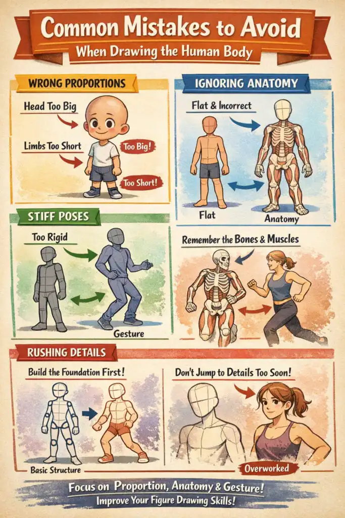 Infographic illustrating common drawing mistakes: wrong proportions, ignoring anatomy, stiff poses, rushing details. Improve your skills!