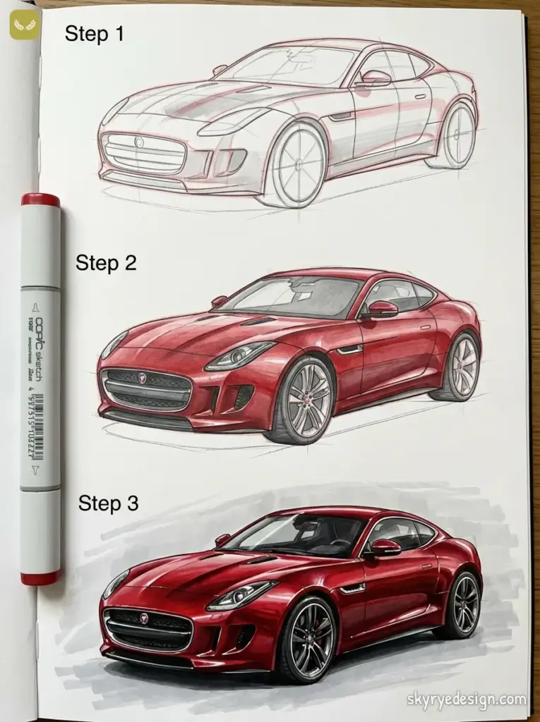 Drawing process of a red sports car in three steps: sketch, partial color, and completed artwork using markers.