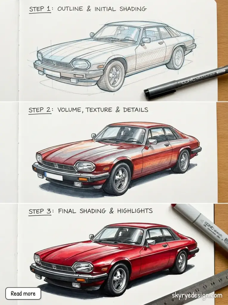 Three-step car drawing guide: outline, texture, and shading. Elevate sketching skills with detailed car illustrations.