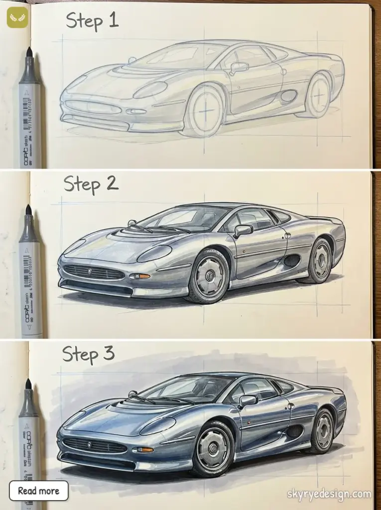 Step-by-step car drawing tutorial showing sketch progress from outline to shaded color illustration with a marker for reference. Jaguar XJ220
