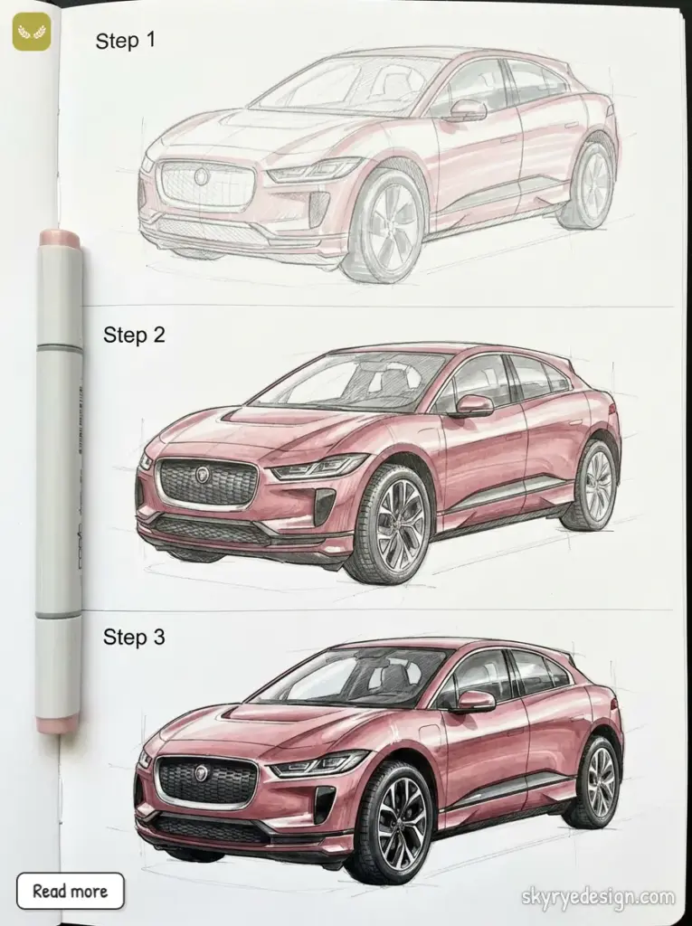Three-step drawing process of a red car with a sleek design, featuring sketches progressing into a detailed, colored illustration.  jaguar i-pace