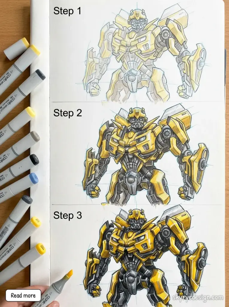 Step-by-step guide to drawing a yellow robot with markers, showcasing three stages from sketch to detailed color illustration. how to draw Bumblebee Transformer