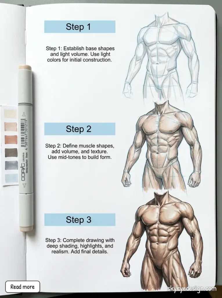 Illustration tutorial of drawing a male torso in three steps: base shapes, muscle definition, and final detailing with shading.